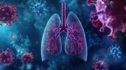 Detailed 3D Illustration of Human Lungs Surrounded by Viruses in a Medical and Scientific Context