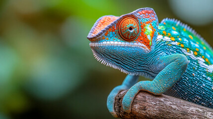 Vibrant chameleon perched on a branch against a lush green backdrop