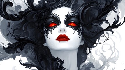 Gothic vampire with blood-red eyes, adorned with a Halloween mask, dark fantasy style, vector illustration, isolated on white background