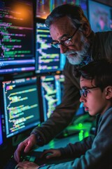 A mentor helping a young coder debug a complex software program, with multiple computer screens displaying lines of code.