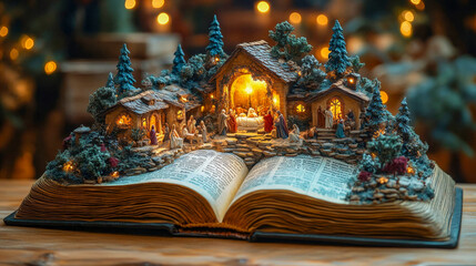 Miniature nativity scene on an open holy bible commemorating the birth of jesus on christmas day