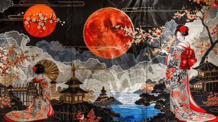 A traditional Japanese woman wearing a beautiful kimono, perfect for cultural or historical themed images