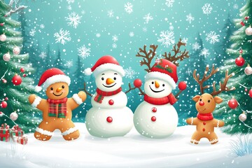 Fototapeta premium Santa claus, Snowman, gingerbread cookie and reindeer are playing with snow celebrate new year party with Christmas tree, Merry Christmas and happy new year with generative ai