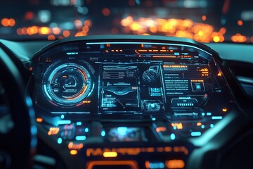 Futuristic car dashboard with holographic display and interface