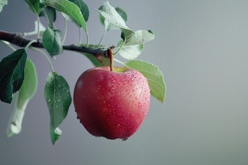 Obraz premium A bright red apple hangs from a tree branch, ready to be picked