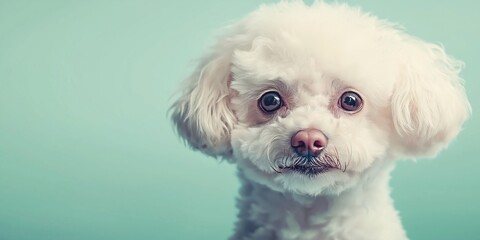 A close-up portrait photo of a cute poodle dog looking at the camera, isolated against a colourful background.