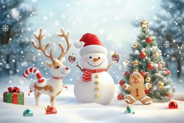 Santa claus, Snowman, gingerbread cookie and reindeer are playing with snow celebrate new year party with Christmas tree, Merry Christmas and happy new year with generative ai