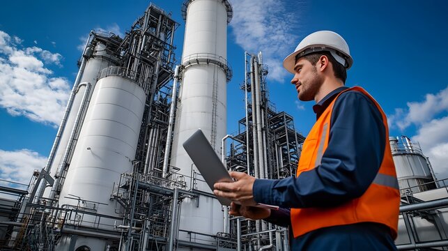 industrial holding and reading a digital tablet at an oil company factory site with large silos