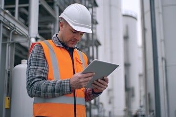 industrial holding and reading a digital tablet at an oil company factory site with large silos
