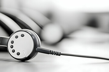 Close up of a black and white headset with control buttons.