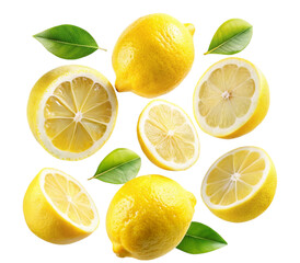 Whole and sliced lemons with green leaves on a transparent background