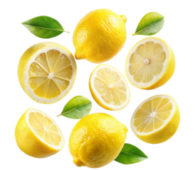 Whole and sliced lemons with green leaves on a transparent background