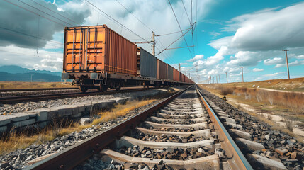 Obraz premium A freight train on a railway track transports containers and tanks with fuel. AI Generated