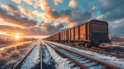 Obraz premium A freight train on a railway track transports containers and tanks with fuel. AI Generated