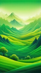 Obraz premium A green mountain range with a valley in between. naif style illustration