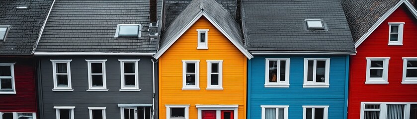 Colorful Row of Modern Houses with Vibrant Facades in Urban Neighborhood