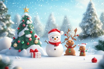 Fototapeta premium Santa claus, Snowman, gingerbread cookie and reindeer are playing with snow celebrate new year party with Christmas tree, Merry Christmas and happy new year with generative ai