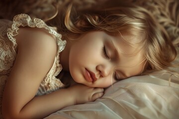 Naklejka premium Peaceful Sleeping Child with Curly Hair and Lace Dress