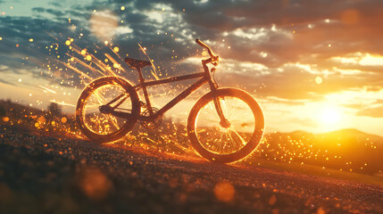 Obraz premium Bicycle splashing through water at sunset with vibrant colors and dramatic sky.