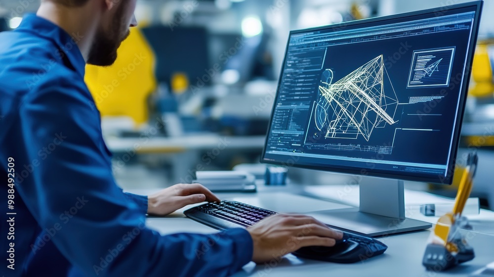 Poster engineer working on computer with technical blueprint