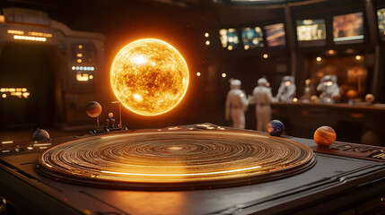 Obraz premium Solar system model with the sun and planets, featuring a futuristic control room environment.