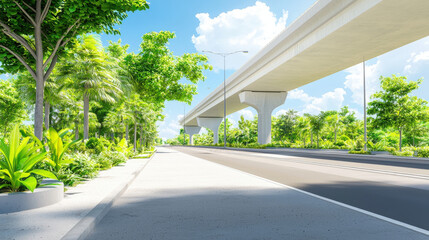 Fototapeta premium serene highway landscape featuring modern interchange surrounded by lush greenery and palm trees, creating vibrant and inviting atmosphere