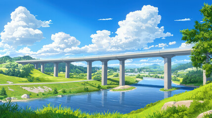 Fototapeta premium scenic highway landscape featuring panoramic view of bridge over river, surrounded by lush greenery and vibrant blue skies with fluffy clouds. serene atmosphere evokes sense of tranquility and