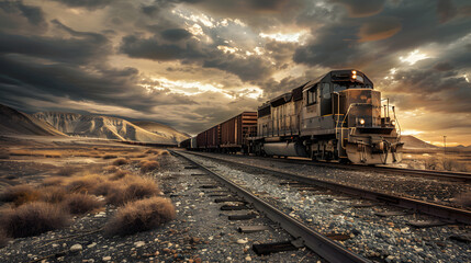 Fototapeta premium A freight train on a railway track transports containers and tanks with fuel. AI Generated