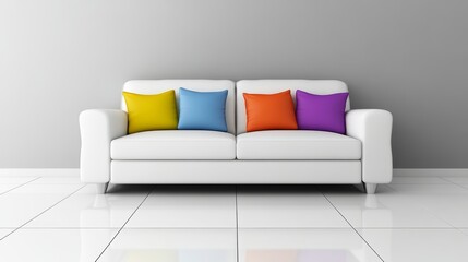 Modern Minimalist Living Room Interior with a White Sofa and Colorful Cushions on a Tiled Floor