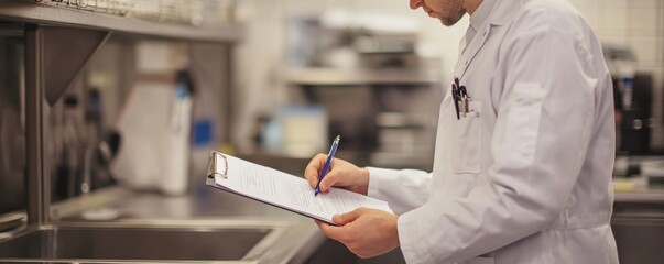 Food Safety Audit Inspection, Inspector Checking Sanitation Protocols with Clipboard in Restaurant