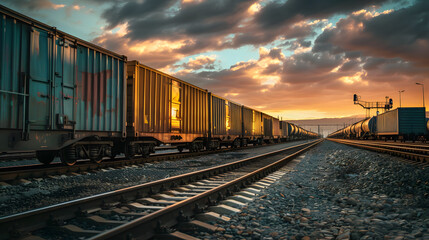 Obraz premium A freight train on a railway track transports containers and tanks with fuel. AI Generated