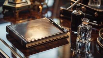 Elegant scenes of luxury fountain pens and leather journals on a polished wooden desk