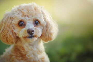A close-up portrait photo of a cute poodle dog looking at the camera, isolated against a blurred background.