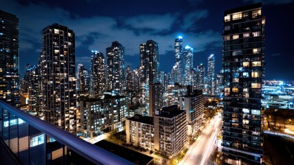 Obraz premium City skyline at night with bright urban lights