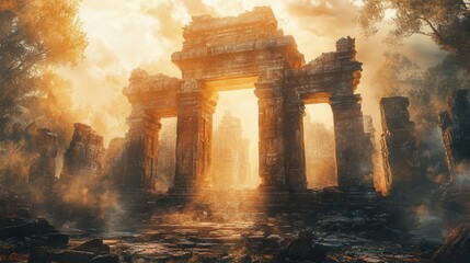 Fototapeta premium Ancient ruins with magical symbols, mythology, earth tones, digital art