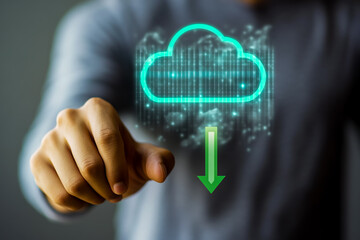 A man holds a cloud icon with a progress bar on a virtual screen, showing data uploading or downloading.