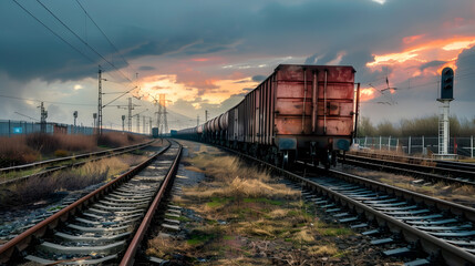 Fototapeta premium A freight train on a railway track transports containers and tanks with fuel. AI Generated