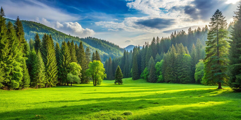 Green grass forest meadow field lawn hill with trees isolated on transparent background. Mountain woods park nature environment, beautiful outdoor © wasif