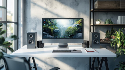 Naklejka premium A modern office desk setup, modern chair, and organized shelving.
