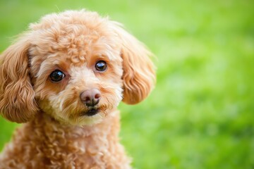 A close-up portrait photo of a cute poodle dog looking at the camera, isolated against a blurred background.