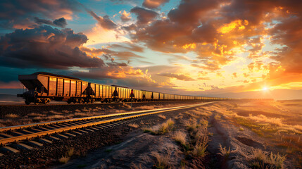 A freight train on a railway track transports containers and tanks with fuel. AI Generated