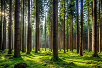 Obraz premium In the Black Forest, a lush tapestry of tall, slender trees unfurls, their leafy crowns a verdant ceiling,