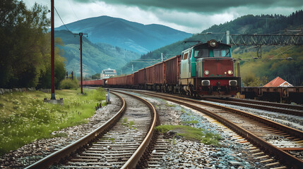 Obraz premium A freight train on a railway track transports containers and tanks with fuel. AI Generated