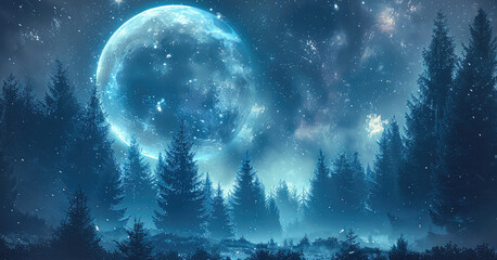 A moody forest landscape with a night sky featuring stars and a large blue moon along with planets. Incorporate a few galaxies into the sky.