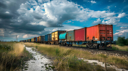 Obraz premium A freight train on a railway track transports containers and tanks with fuel. AI Generated