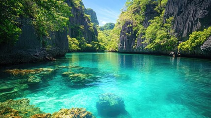 A crystal-clear turquoise lagoon surrounded by tall limestone cliffs, with tropical vegetation clinging to the rock face.