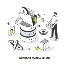 Content management isometriс illustration. A central server with a large folder on top, data streams flowing from box held by man, surrounded by tech icons, showcasing automation and organization