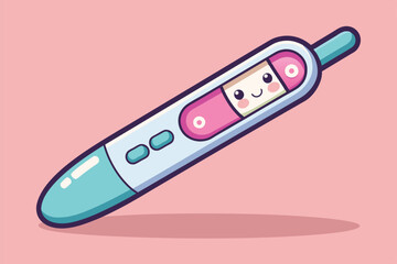 A colorful cartoon pregnancy test features a smiling face, designed to evoke positive emotions in expectant mothers.