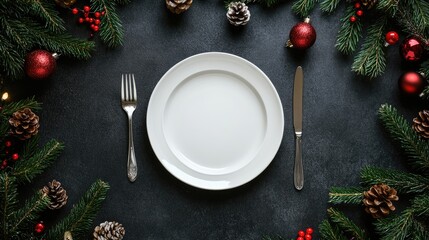 Christmas Dinner Table Setting with Pine Branches, Ornaments, and Pine Cones