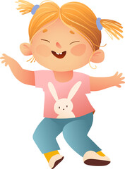 Little cute girl, jumping cheerful hands up smiling and laughing. Happy child, graphic illustration for school or kindergarten children. Kids character cartoon, vector isolated clipart.